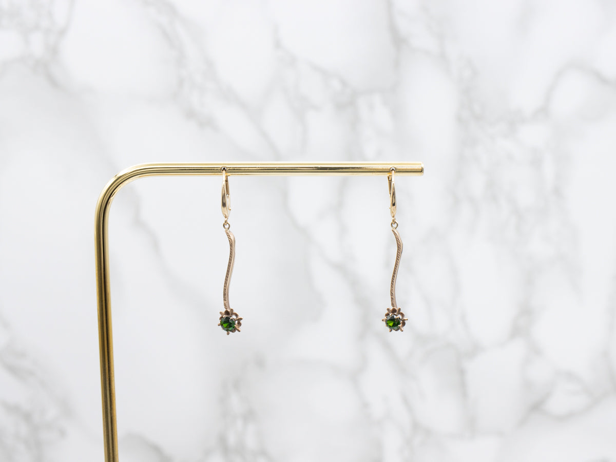 Beautiful Demantoid Garnet Rose Gold Bar Drop Earrings