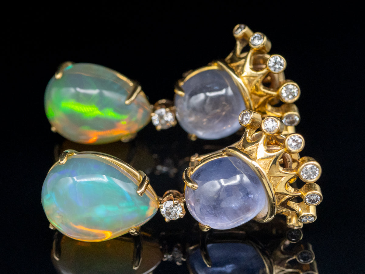 18K Gold Ethiopian Opal, Sapphire, and Diamond Crown Drop Earrings