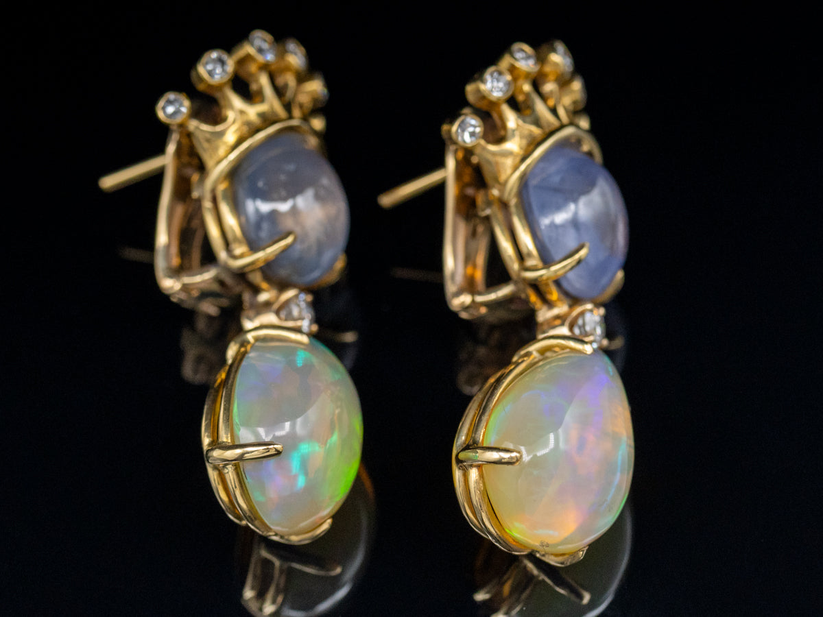 18K Gold Ethiopian Opal, Sapphire, and Diamond Crown Drop Earrings