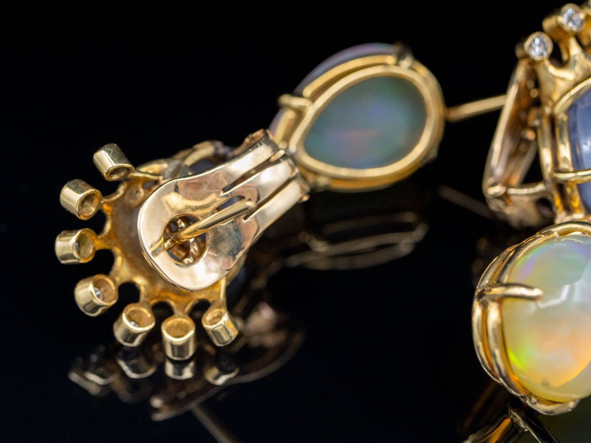 18K Gold Ethiopian Opal, Sapphire, and Diamond Crown Drop Earrings
