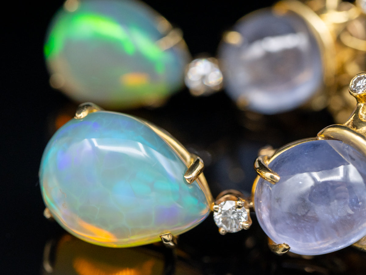 18K Gold Ethiopian Opal, Sapphire, and Diamond Crown Drop Earrings