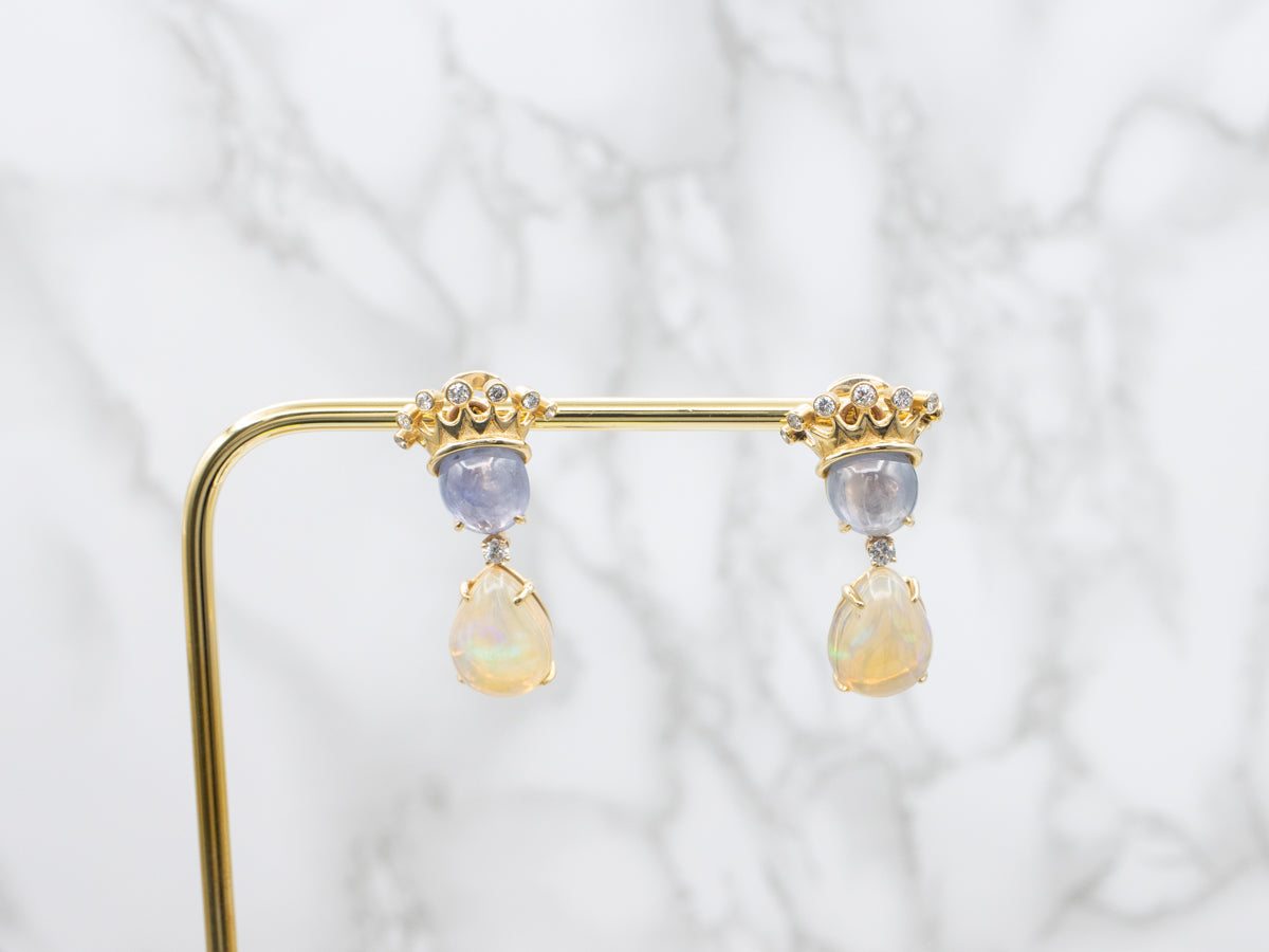 18K Gold Ethiopian Opal, Sapphire, and Diamond Crown Drop Earrings