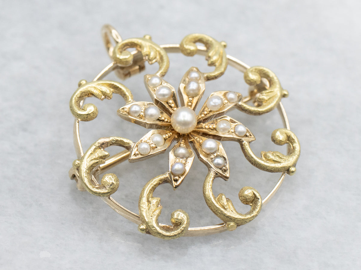 Art Nouveau Era Seed Pearl Scrolling Floral Brooch or Pendant