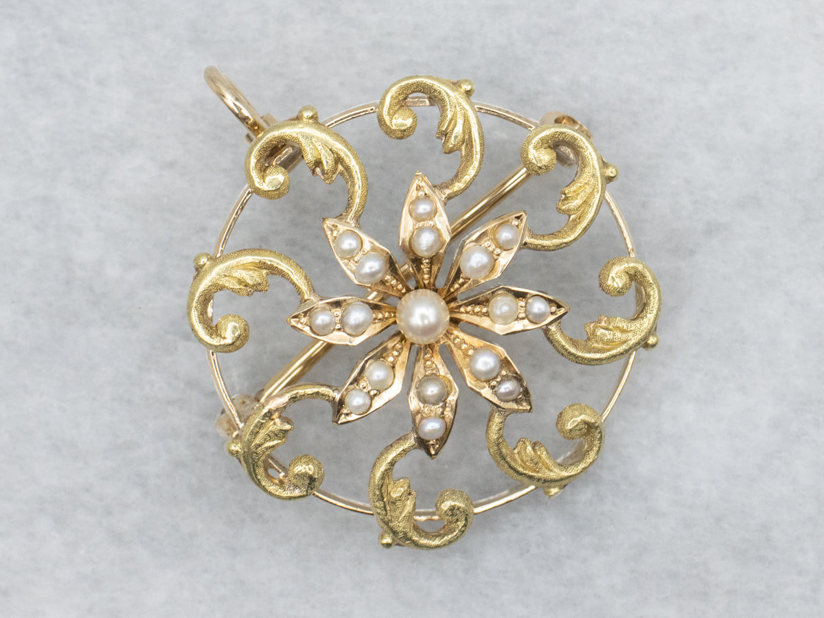Art Nouveau Era Seed Pearl Scrolling Floral Brooch or Pendant
