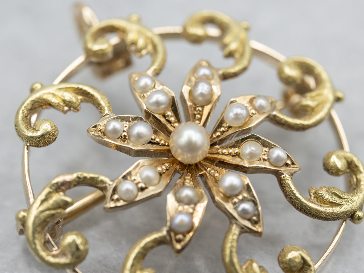 Art Nouveau Era Seed Pearl Scrolling Floral Brooch or Pendant