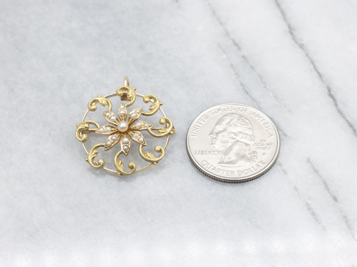 Art Nouveau Era Seed Pearl Scrolling Floral Brooch or Pendant