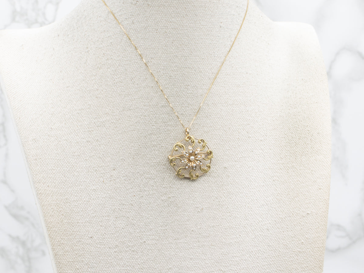Art Nouveau Era Seed Pearl Scrolling Floral Brooch or Pendant
