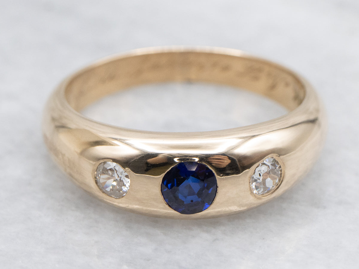 Antique Flush Set Sapphire and Old Mine Cut Diamond Ring