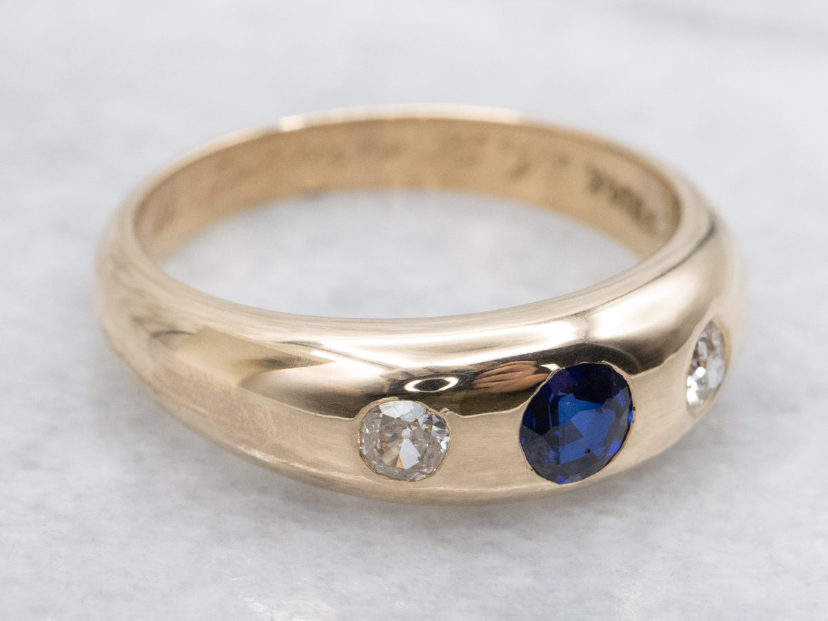 Antique Flush Set Sapphire and Old Mine Cut Diamond Ring