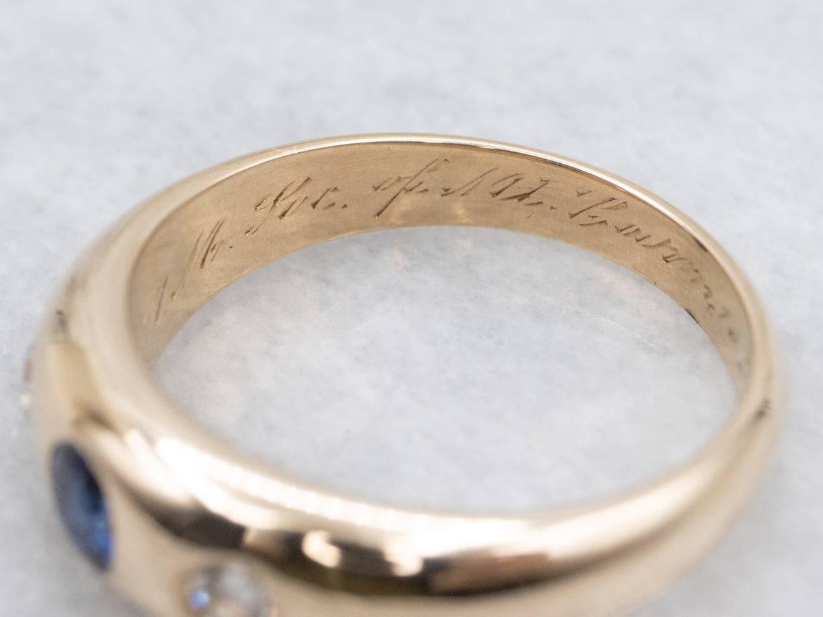 Antique Flush Set Sapphire and Old Mine Cut Diamond Ring