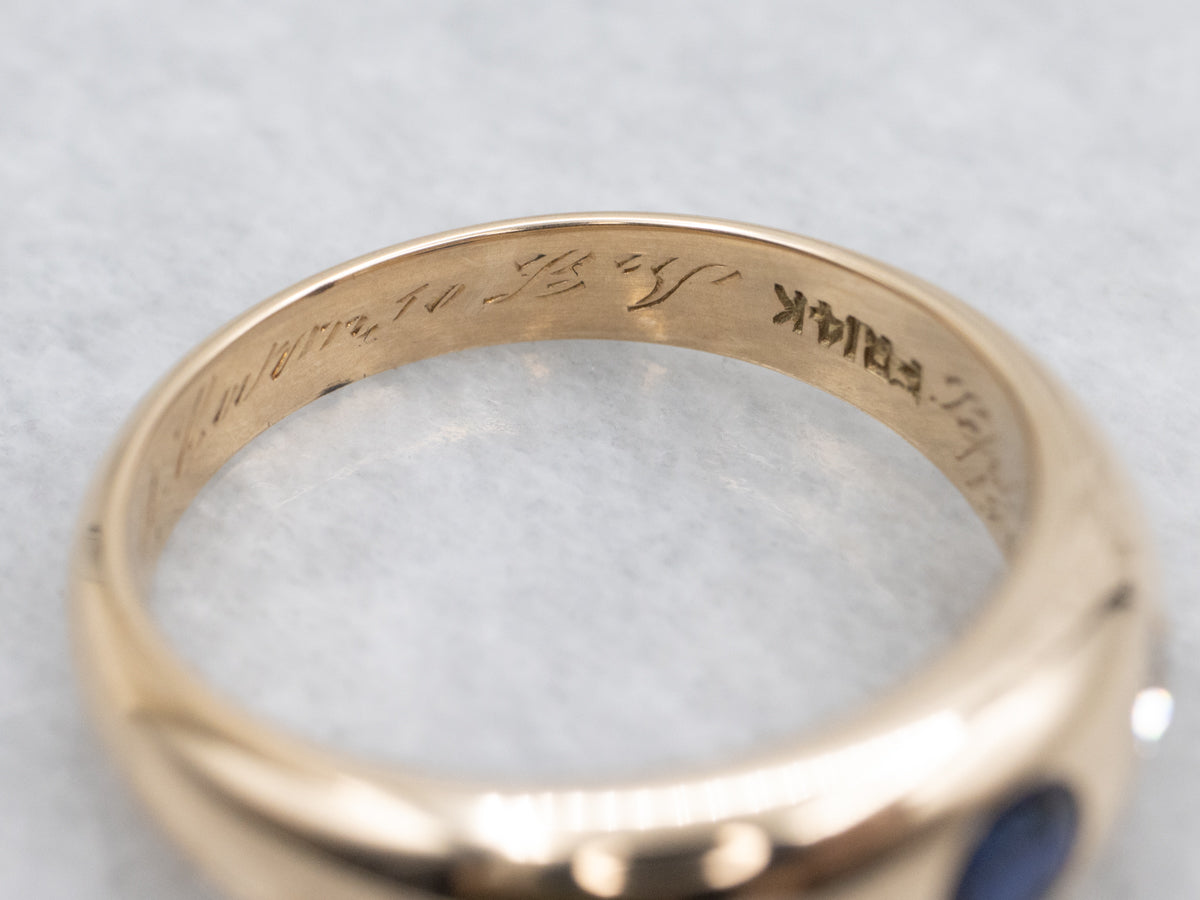 Antique Flush Set Sapphire and Old Mine Cut Diamond Ring