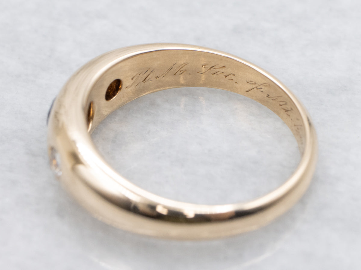 Antique Flush Set Sapphire and Old Mine Cut Diamond Ring