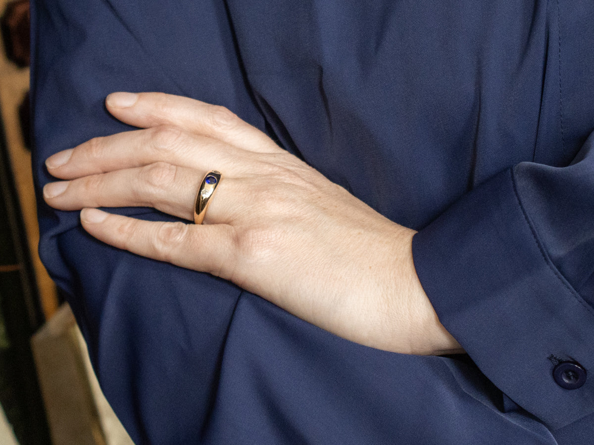 Antique Flush Set Sapphire and Old Mine Cut Diamond Ring