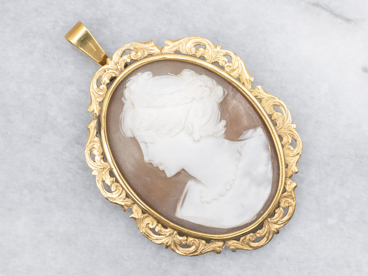 Fine Shell Cameo Pendant with Filigree Frame in Yellow Gold