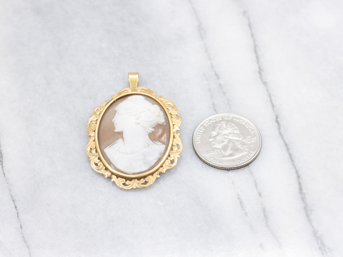 Fine Shell Cameo Pendant with Filigree Frame in Yellow Gold