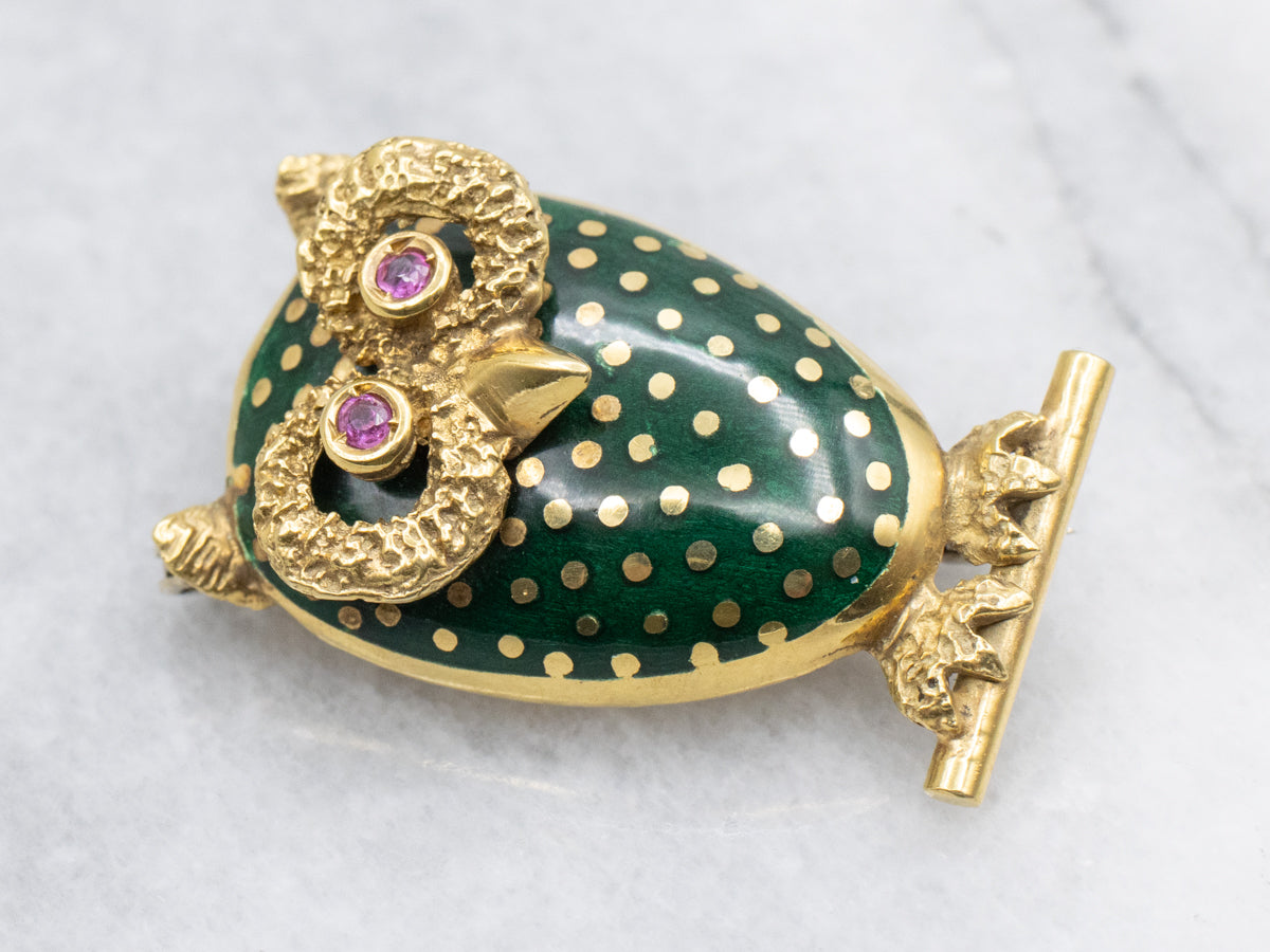 Italian Gold Vintage Ruby Eyed Owl Pin