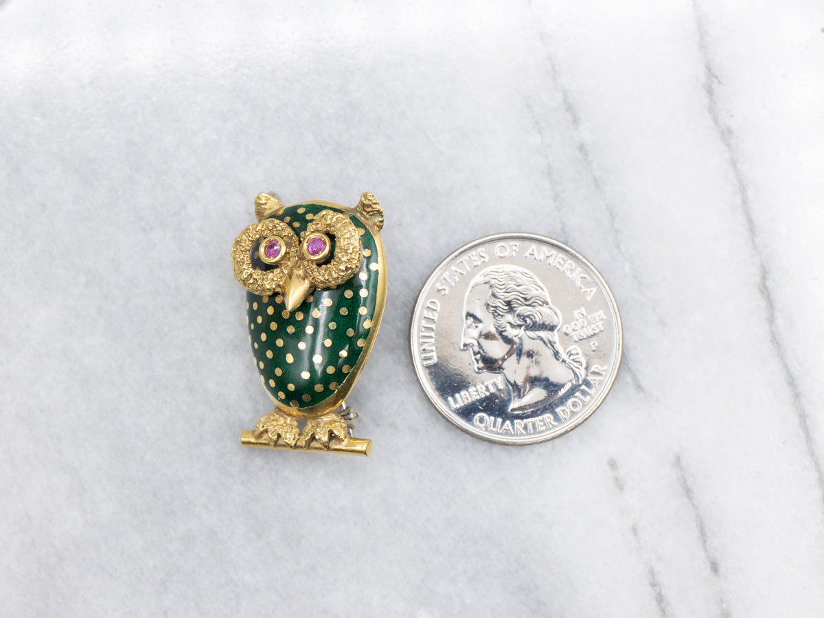 Italian Gold Vintage Ruby Eyed Owl Pin