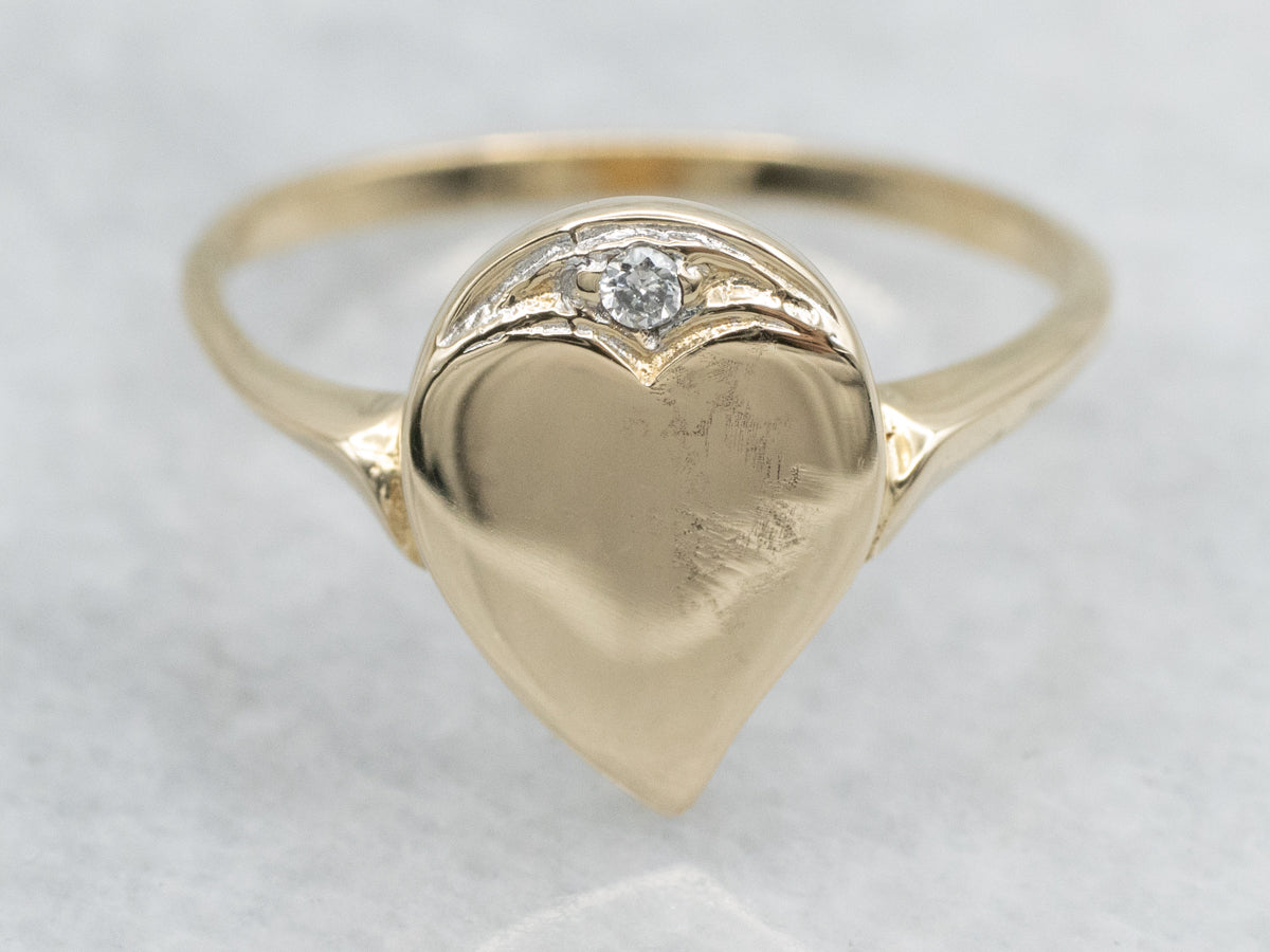Diamond Heart Shaped Yellow Gold Signet Ring