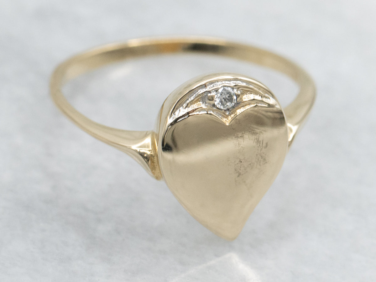 Diamond Heart Shaped Yellow Gold Signet Ring