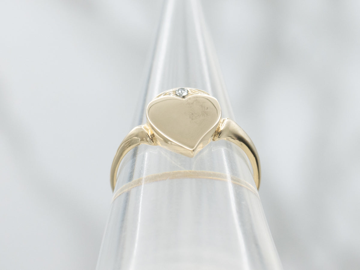 Diamond Heart Shaped Yellow Gold Signet Ring