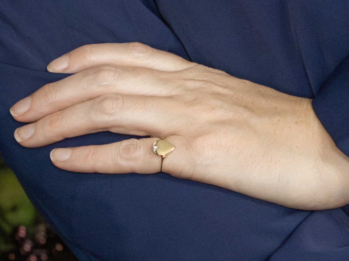 Diamond Heart Shaped Yellow Gold Signet Ring