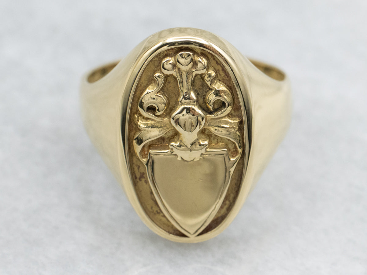 Vintage 18-Karat Gold Shield and Crest Signet Ring