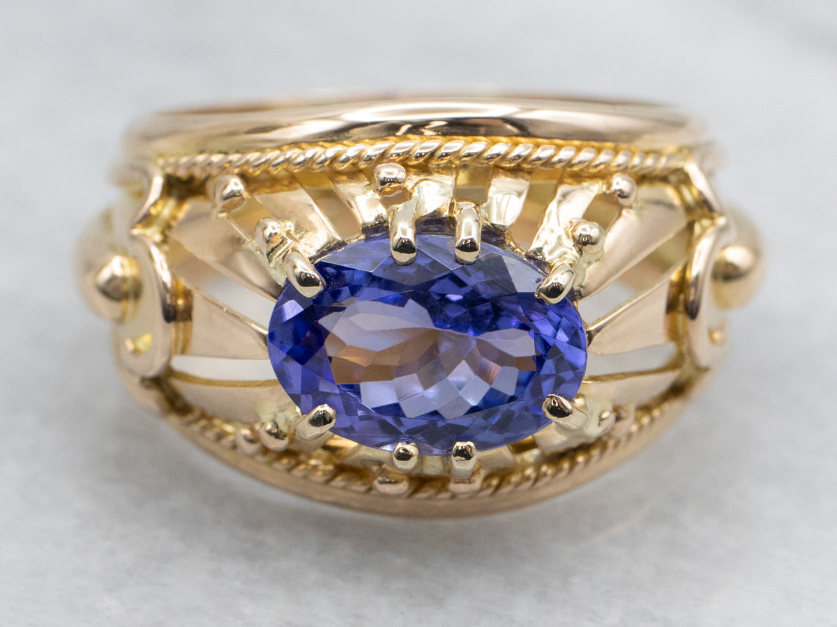 Vintage East to West Oval Cut Tanzanite Ring with rope twist frame