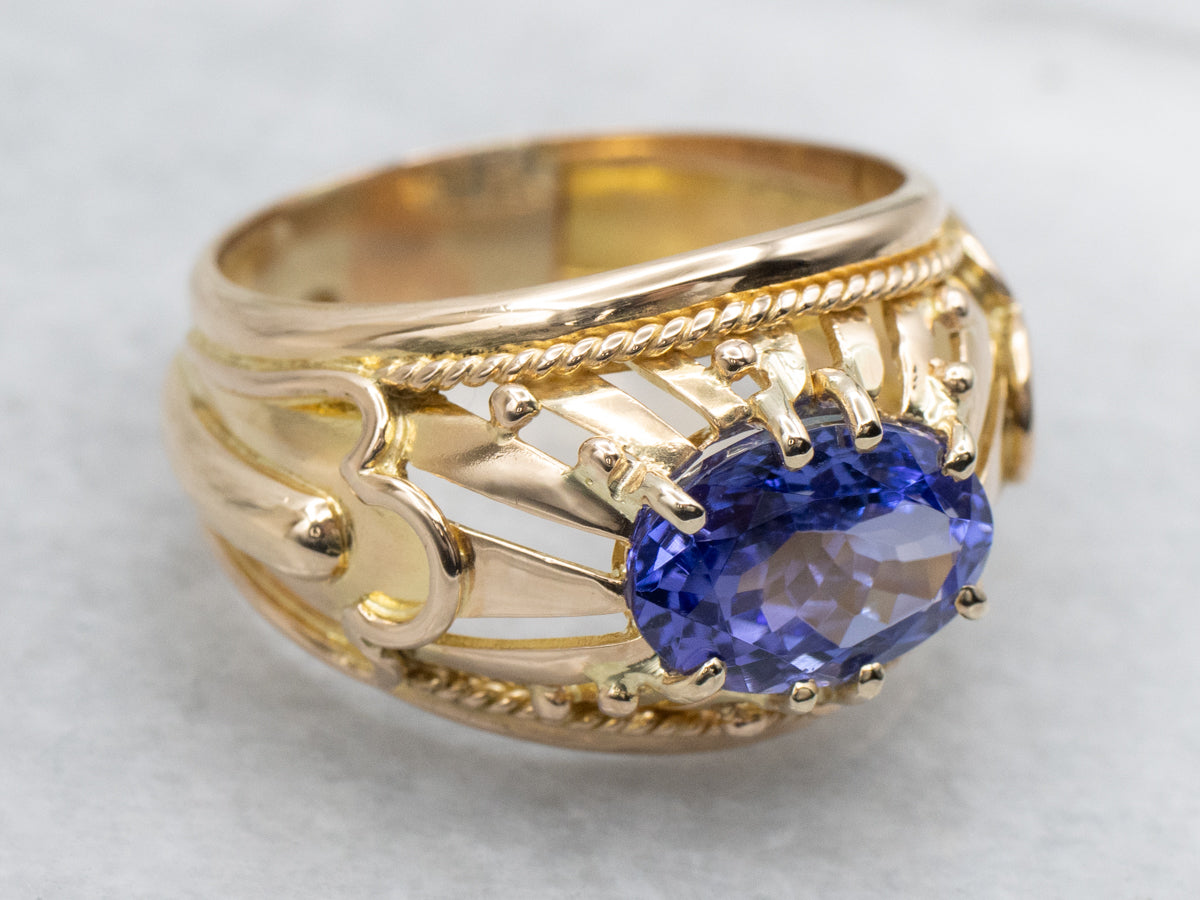 Vintage East to West Oval Cut Tanzanite Ring with rope twist frame