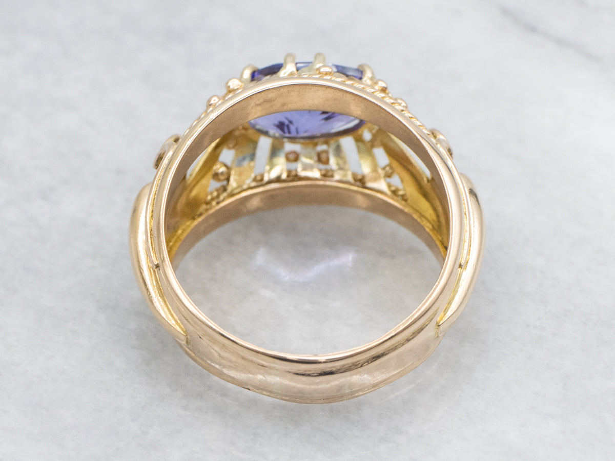 Vintage East to West Oval Cut Tanzanite Ring with rope twist frame