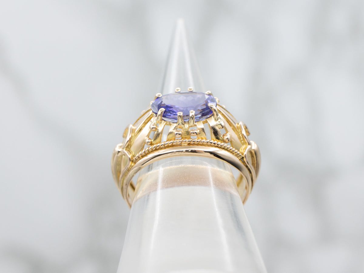Vintage East to West Oval Cut Tanzanite Ring with rope twist frame