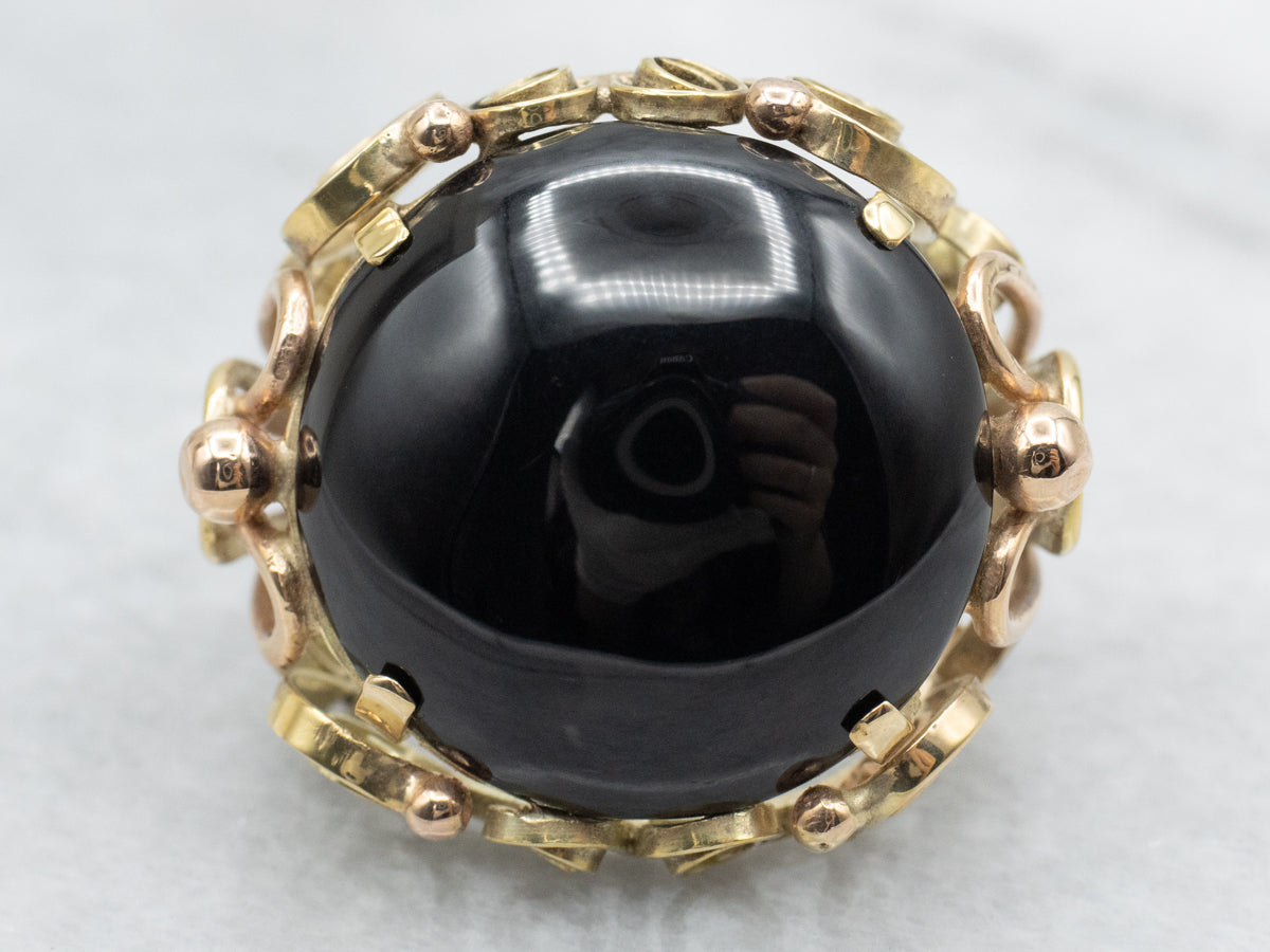 Vintage Tri Color Gold and Onyx Retro Era Cocktail Ring
