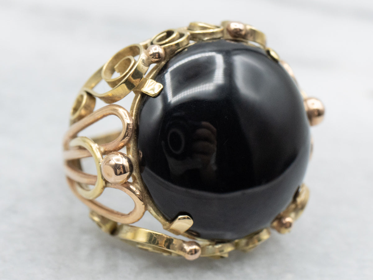 Vintage Tri Color Gold and Onyx Retro Era Cocktail Ring