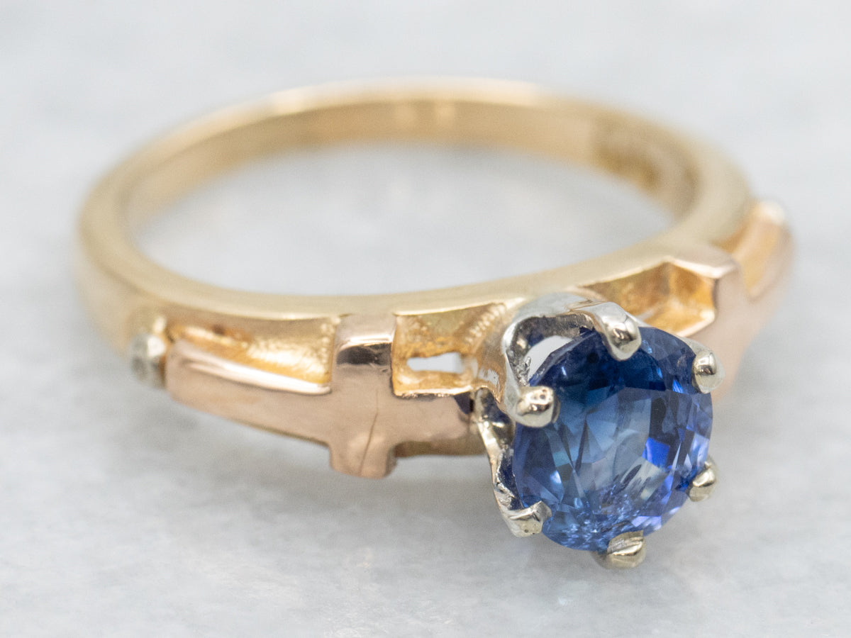 Blue Sapphire Christian Engagement Ring with Cross Motif