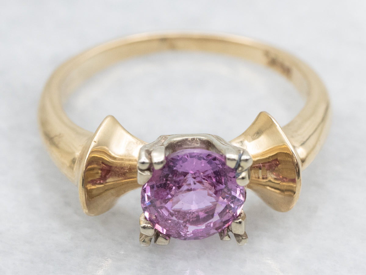 Retro Pink Sapphire Ring, 14K Yellow and White Gold Bow Shape
