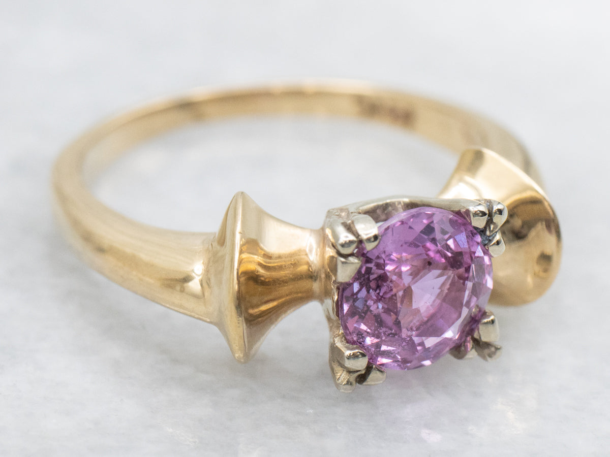 Retro Pink Sapphire Ring, 14K Yellow and White Gold Bow Shape