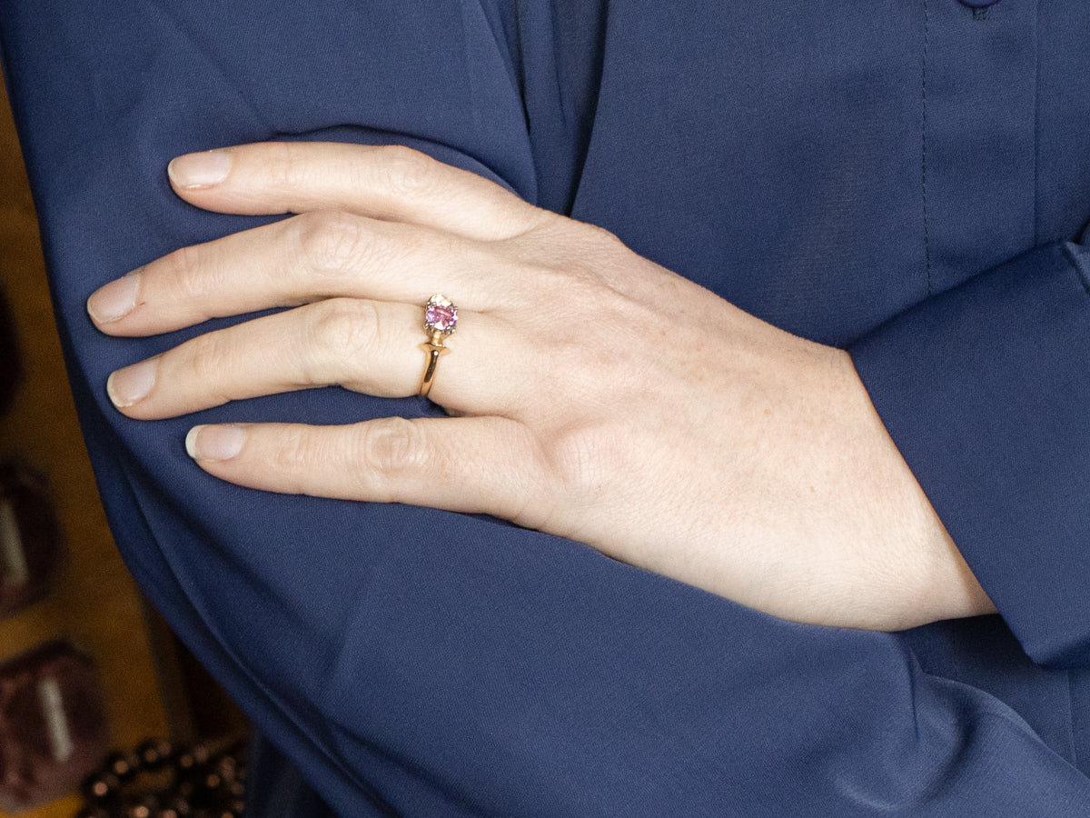 Retro Pink Sapphire Ring, 14K Yellow and White Gold Bow Shape