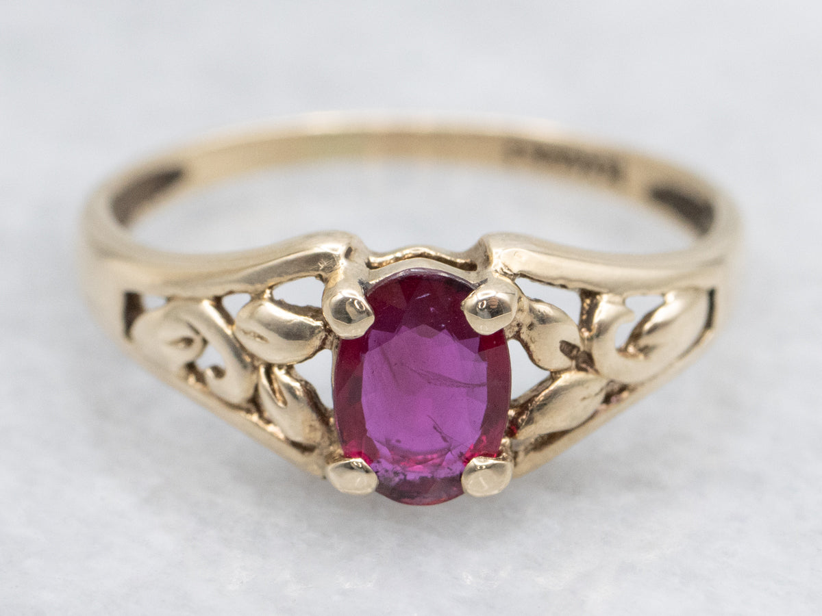 Vintage Botanical Gold Ruby Solitaire Ring
