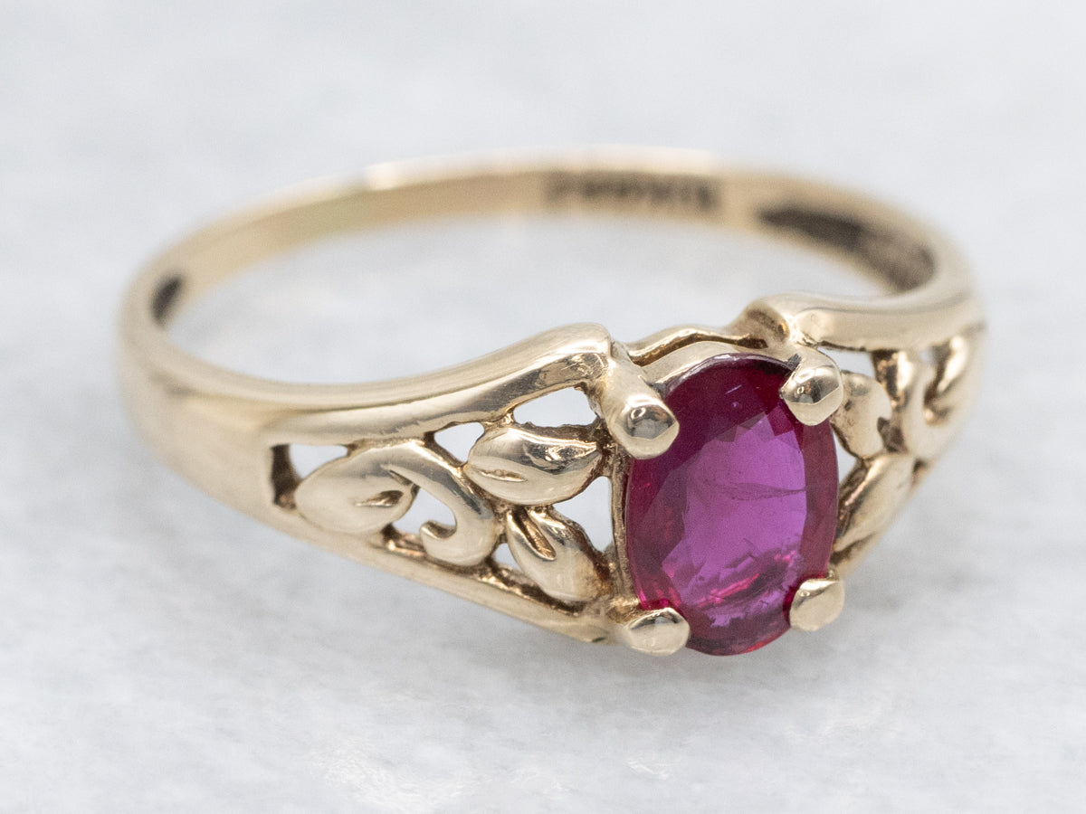 Vintage Botanical Gold Ruby Solitaire Ring