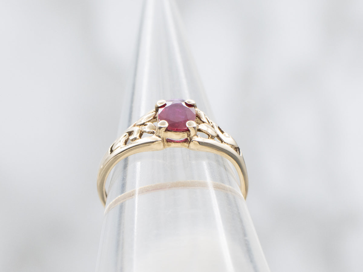 Vintage Botanical Gold Ruby Solitaire Ring