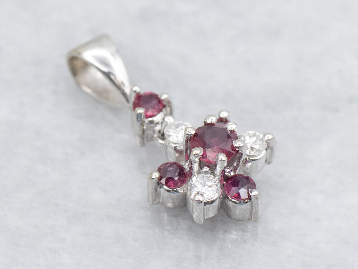 Sweet Gold Ruby and Diamond Flower Pendant