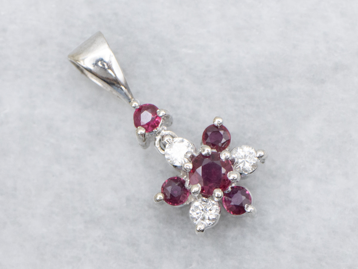 Sweet Gold Ruby and Diamond Flower Pendant