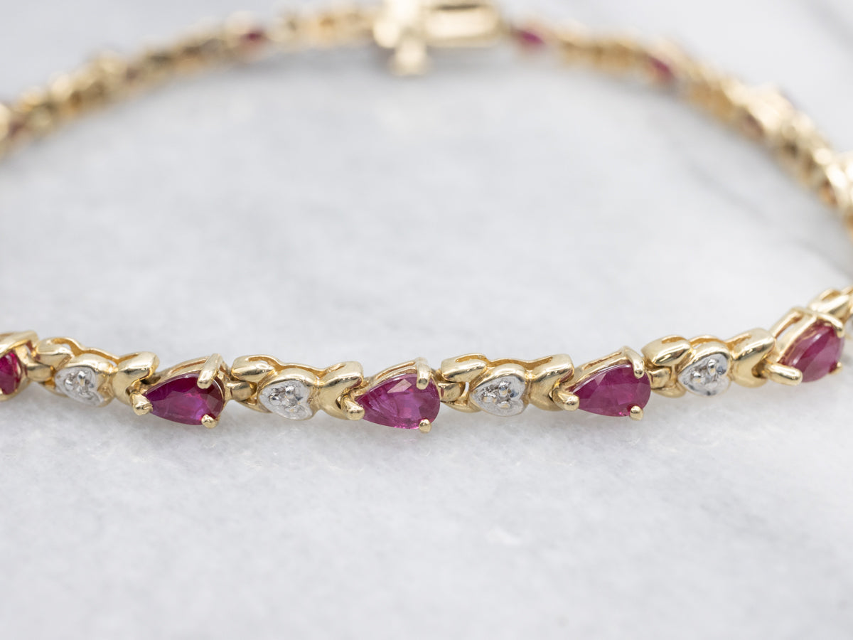 Sweetheart Shaped Ruby and Diamond Link Bracelet