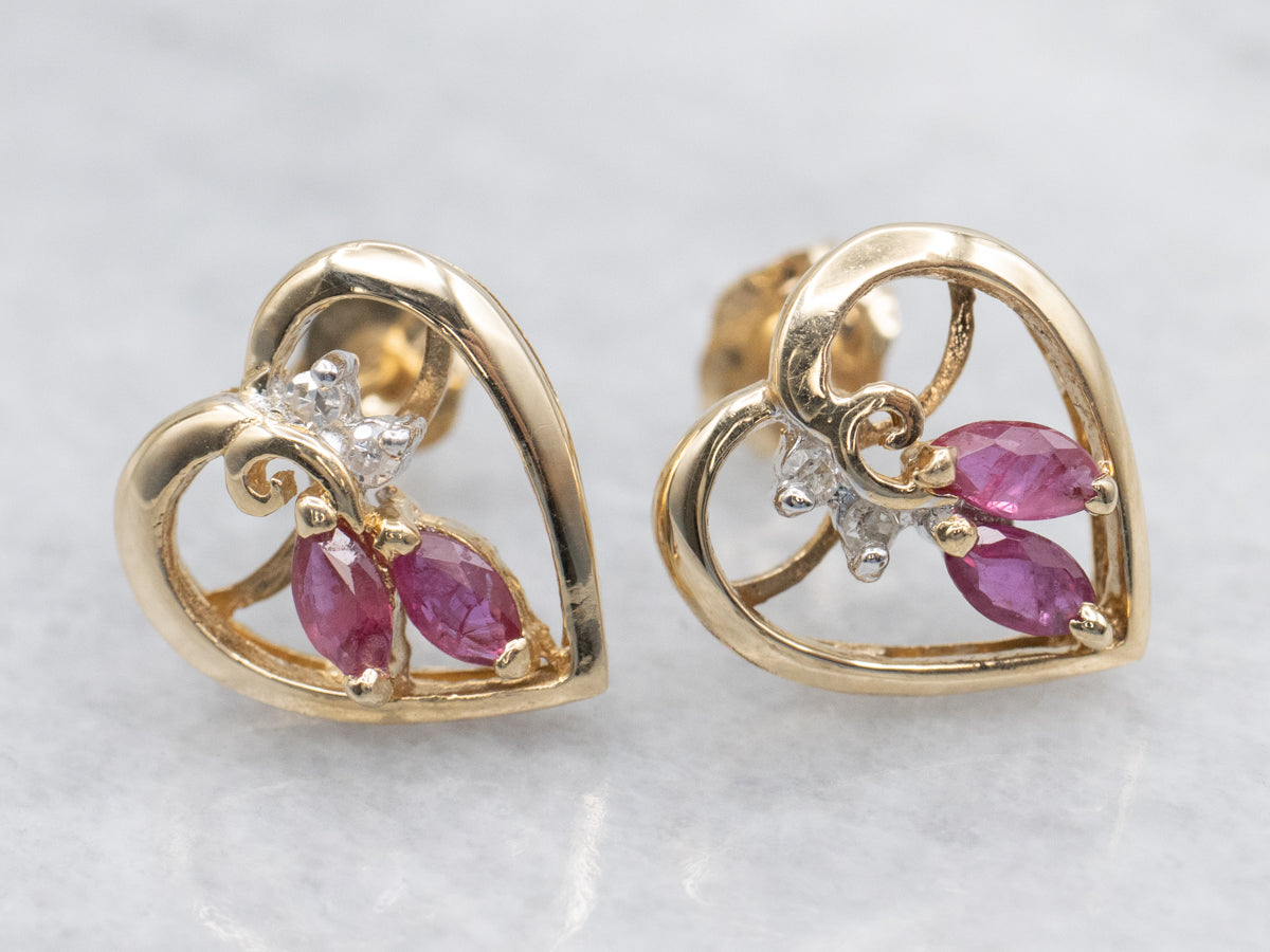 Marquis Ruby and Diamond Sweetheart Stud Earrings