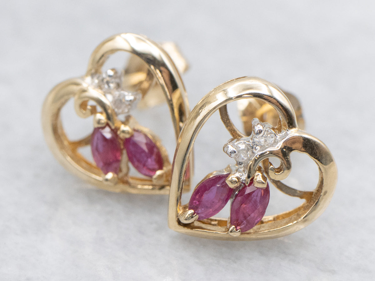 Marquis Ruby and Diamond Sweetheart Stud Earrings