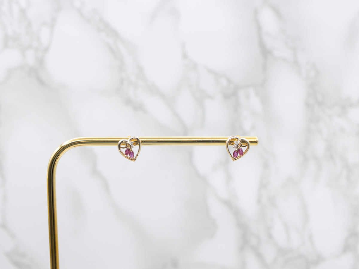 Marquis Ruby and Diamond Sweetheart Stud Earrings
