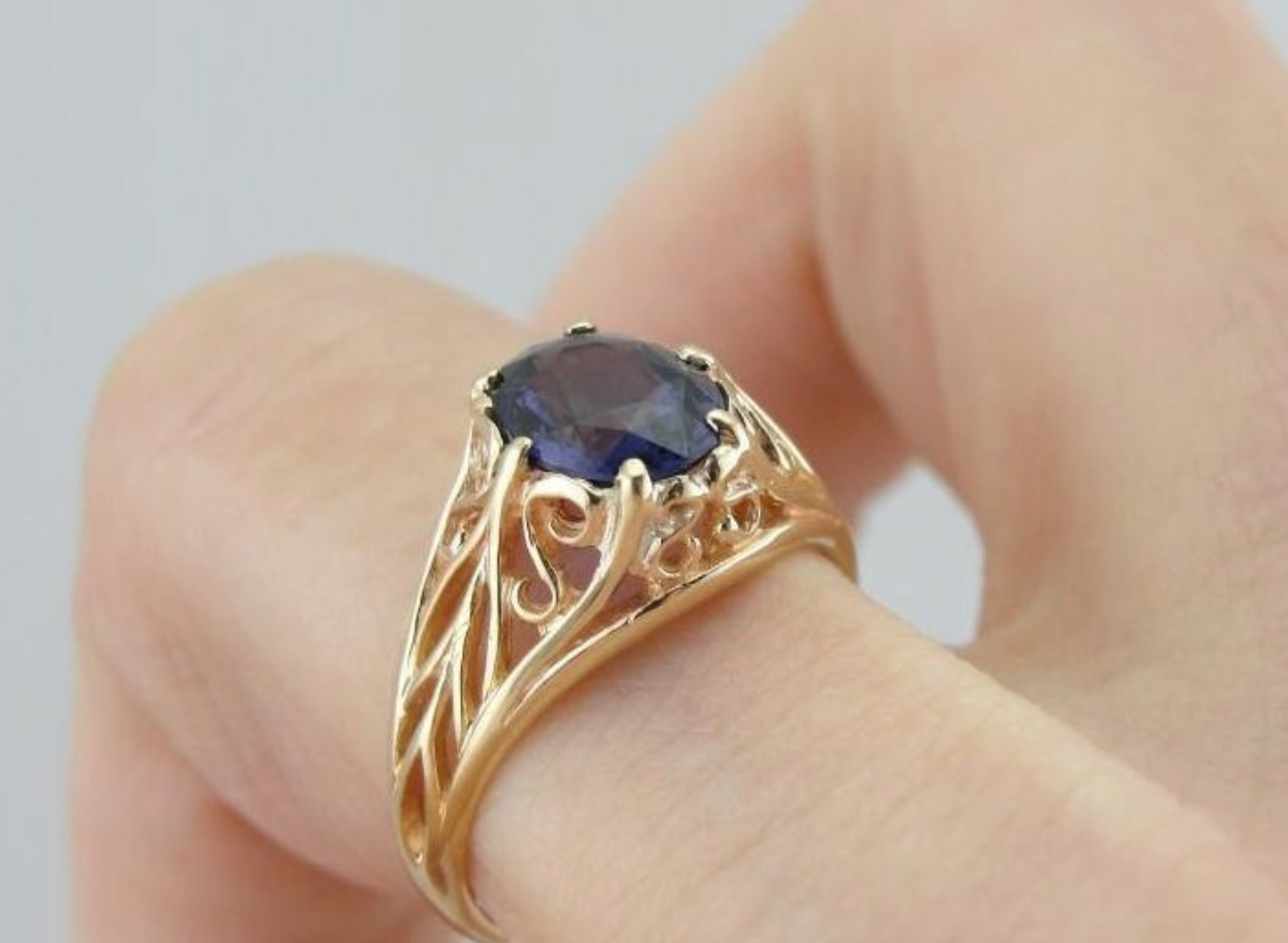 Rosy Gold and Purple Sapphire Filigree Ring for Engagement or Statement Piece