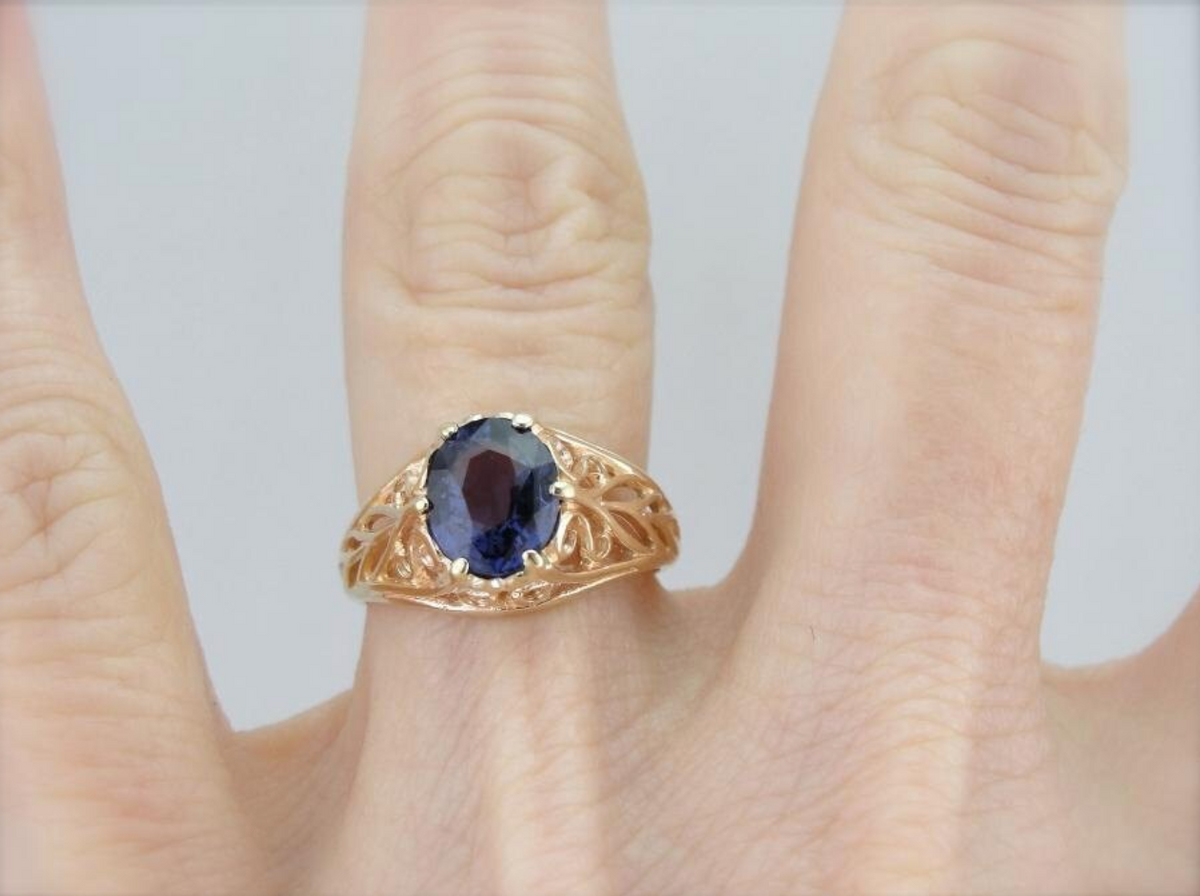 Rosy Gold and Purple Sapphire Filigree Ring for Engagement or Statement Piece