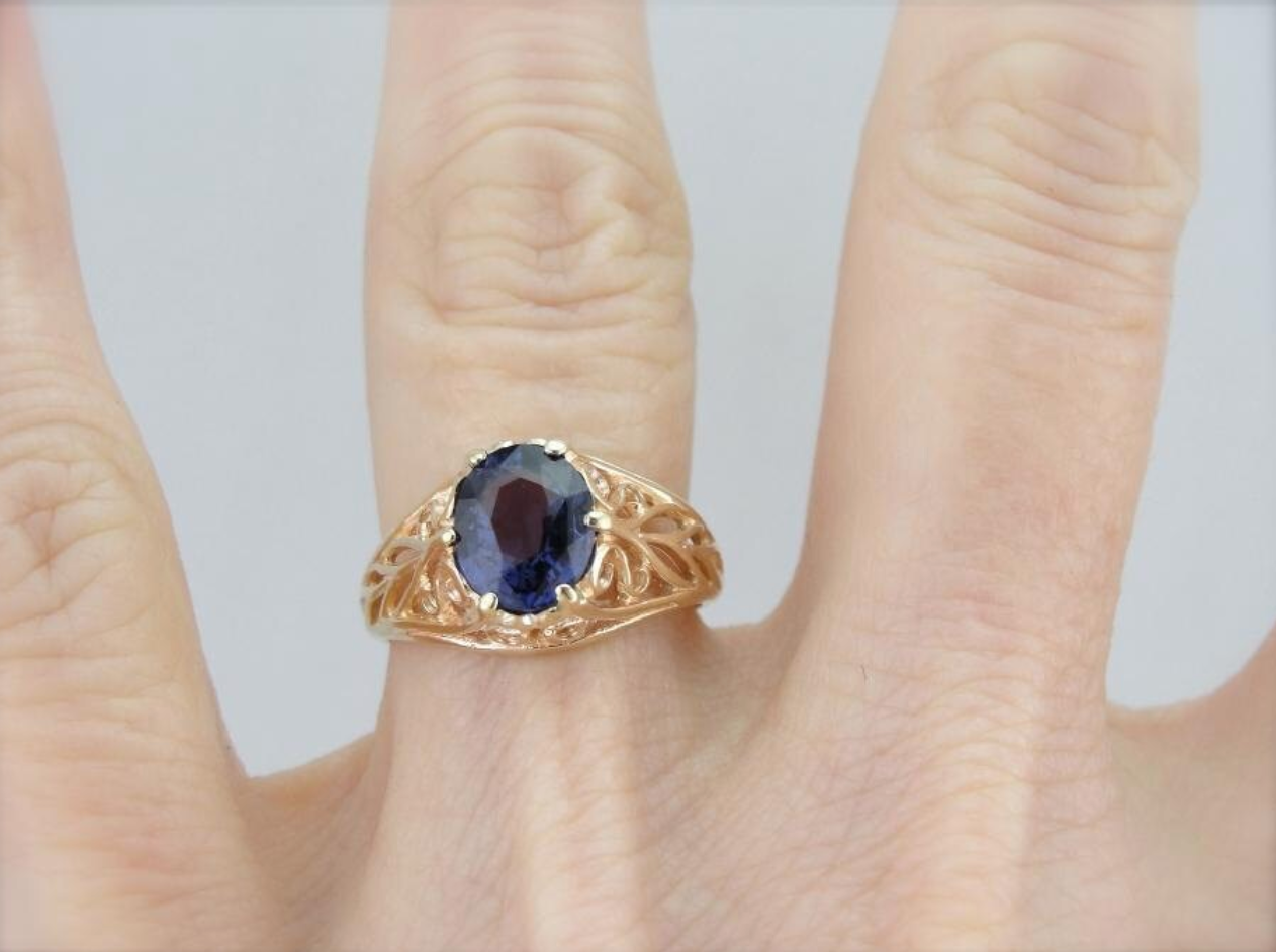 Rosy Gold and Purple Sapphire Filigree Ring for Engagement or Statement Piece