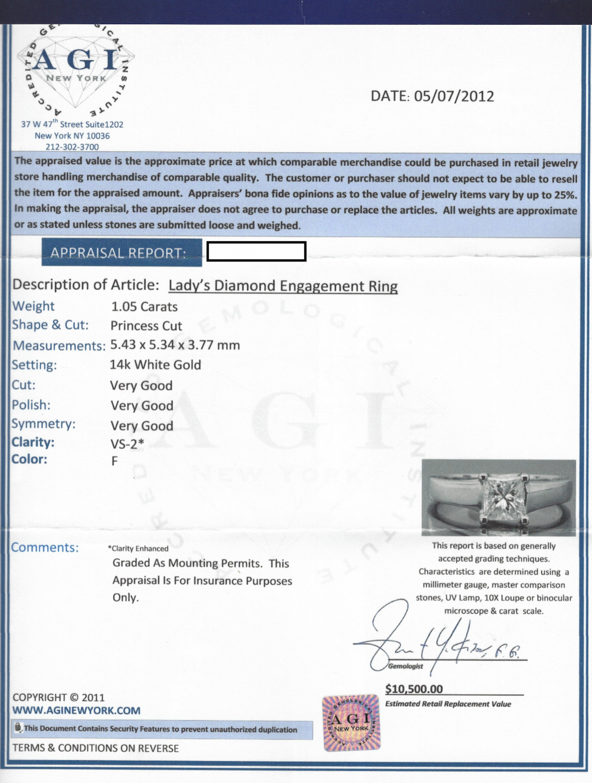 Princess Cut AGI Certified Diamond Solitaire Engagement Ring