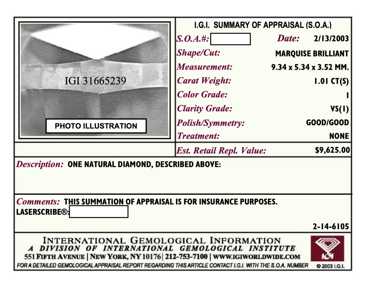 IGI Certified Marquise Cut Diamond White Gold Engagement Ring